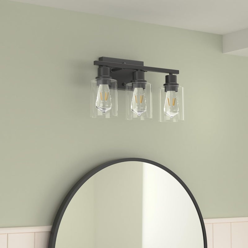 EMONG 3-Lights Bathroom Light Fixtures, Matte Black Vanity Light with Glass Shade, Modern Wall Sconces Lighting for Bathroom,Mirror,Farmhouse,Hallway - Image 2